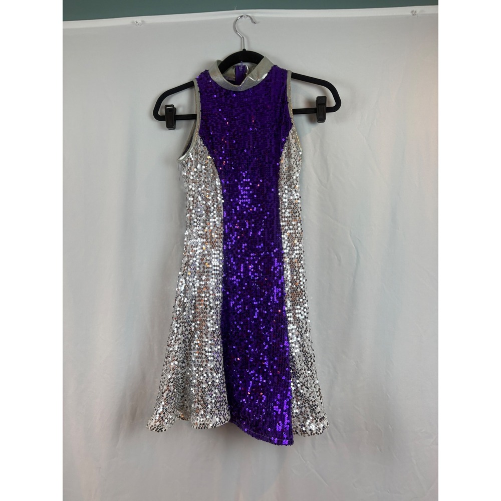 Purple Silver Sequin‎ Performance Dance Dress Mock Neck Sleeveless Costume